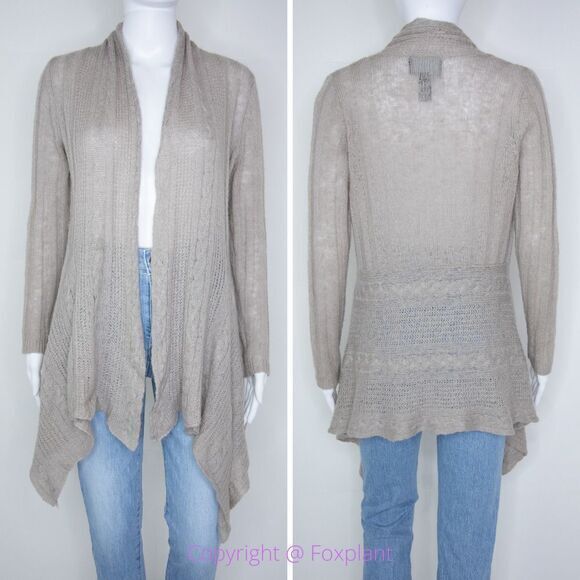 Cynthia Rowley wool blend open front shark bite hem light brown cardigan, L - Picture 2 of 15